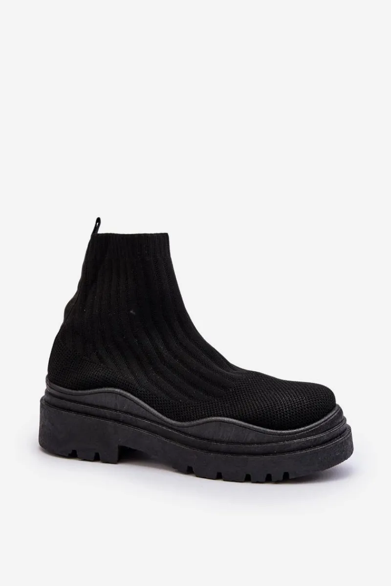 Online Skarpetkowe Botki Na Masywnej Podeszwie Wsuwane Damskie Czarne Elipara Damskie Botki Wiosenne|Botki Sznurowane