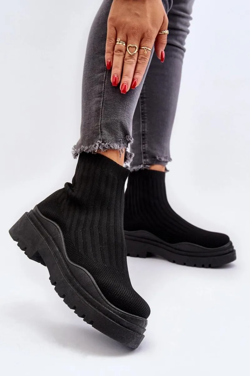 Online Skarpetkowe Botki Na Masywnej Podeszwie Wsuwane Damskie Czarne Elipara Damskie Botki Wiosenne|Botki Sznurowane
