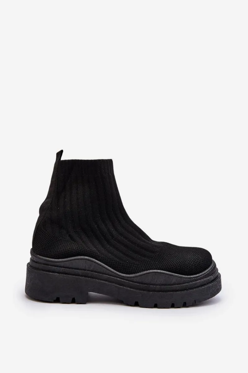 Online Skarpetkowe Botki Na Masywnej Podeszwie Wsuwane Damskie Czarne Elipara Damskie Botki Wiosenne|Botki Sznurowane