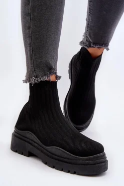 Online Skarpetkowe Botki Na Masywnej Podeszwie Wsuwane Damskie Czarne Elipara Damskie Botki Wiosenne|Botki Sznurowane