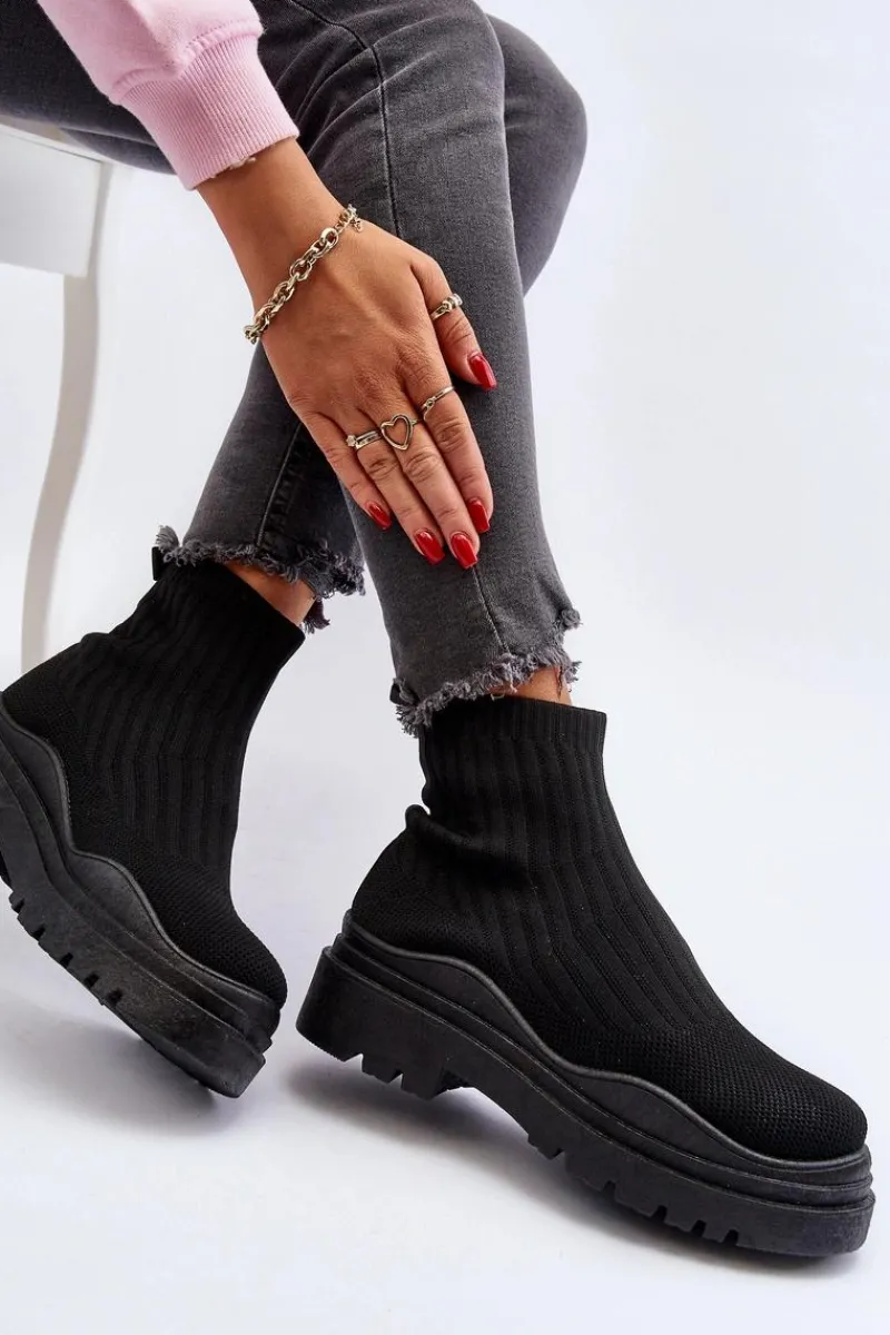 Online Skarpetkowe Botki Na Masywnej Podeszwie Wsuwane Damskie Czarne Elipara Damskie Botki Wiosenne|Botki Sznurowane