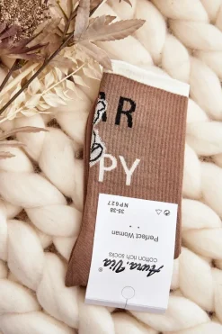 Skarpetki|Skarpetki>Aura.via Skarpety Damskie Bawełniane Z Napisem I Misiem Jasnobrązowe Brązowy