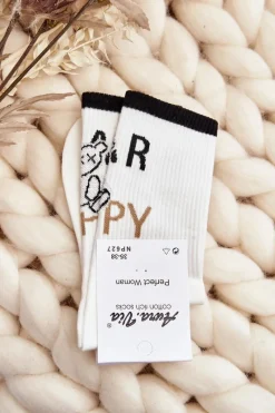 Skarpetki|Skarpetki>Aura.via Skarpety Damskie Bawełniane Z Napisem I Misiem Białe