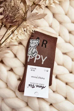 Sale Skarpety Damskie Bawełniane Z Napisem I Misiem Brązowe Skarpetki|Skarpetki