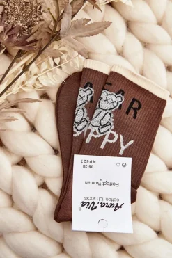 Sale Skarpety Damskie Bawełniane Z Napisem I Misiem Brązowe Skarpetki|Skarpetki
