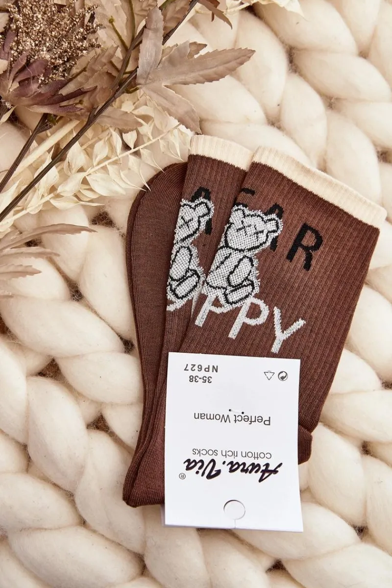 Sale Skarpety Damskie Bawełniane Z Napisem I Misiem Brązowe Skarpetki|Skarpetki