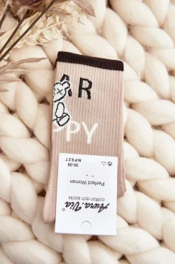 Sale Aura.via Skarpety Damskie Bawełniane Z Napisem I Misiem Beżowe