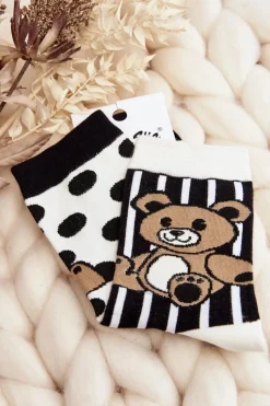 New Skarpety Damskie Nie Do Pary Z Misiem Biało-Czarne - Wzór 2 Skarpetki|Skarpetki