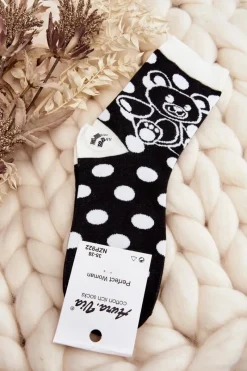 Best Aura.via Skarpety Damskie Nie Do Pary Z Misiem Biało-Czarne