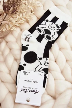 Clearance Aura.via Skarpety Damskie Nie Do Pary Z Misiem Czarno-Białe - Wzór 5