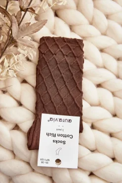 Skarpety Damskie Z Ozdobnym Tłoczeniem Brązowe Skarpetki|Skarpetki