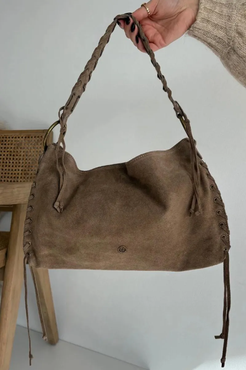 Torebki Klasyczne|Listonoszki>Boto Skórzana Zamszowa Torebka Z Ozdobnym Sznurowaniem Ciemnobeżowa Janelis Beżowy