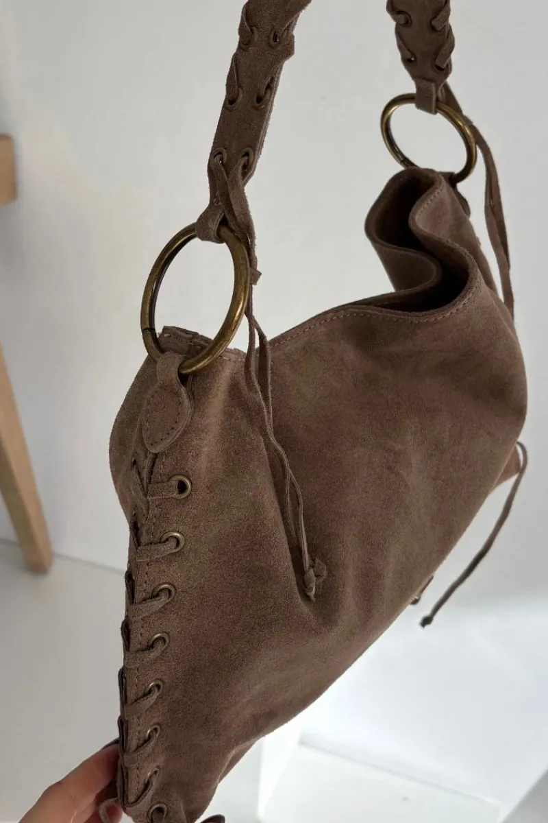 Torebki Klasyczne|Listonoszki>Boto Skórzana Zamszowa Torebka Z Ozdobnym Sznurowaniem Ciemnobeżowa Janelis Beżowy