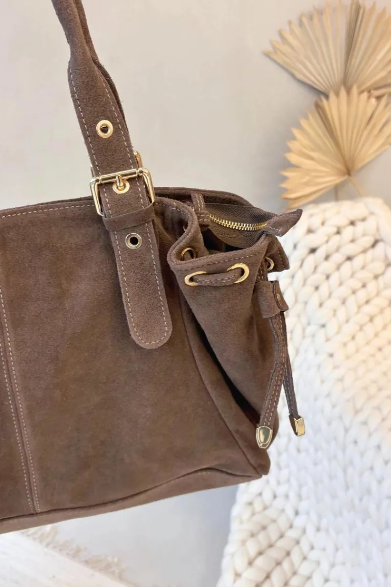 Torebki Klasyczne>Boto Skórzana Zamszowa Torebka Beżowa Ilienne Beżowy