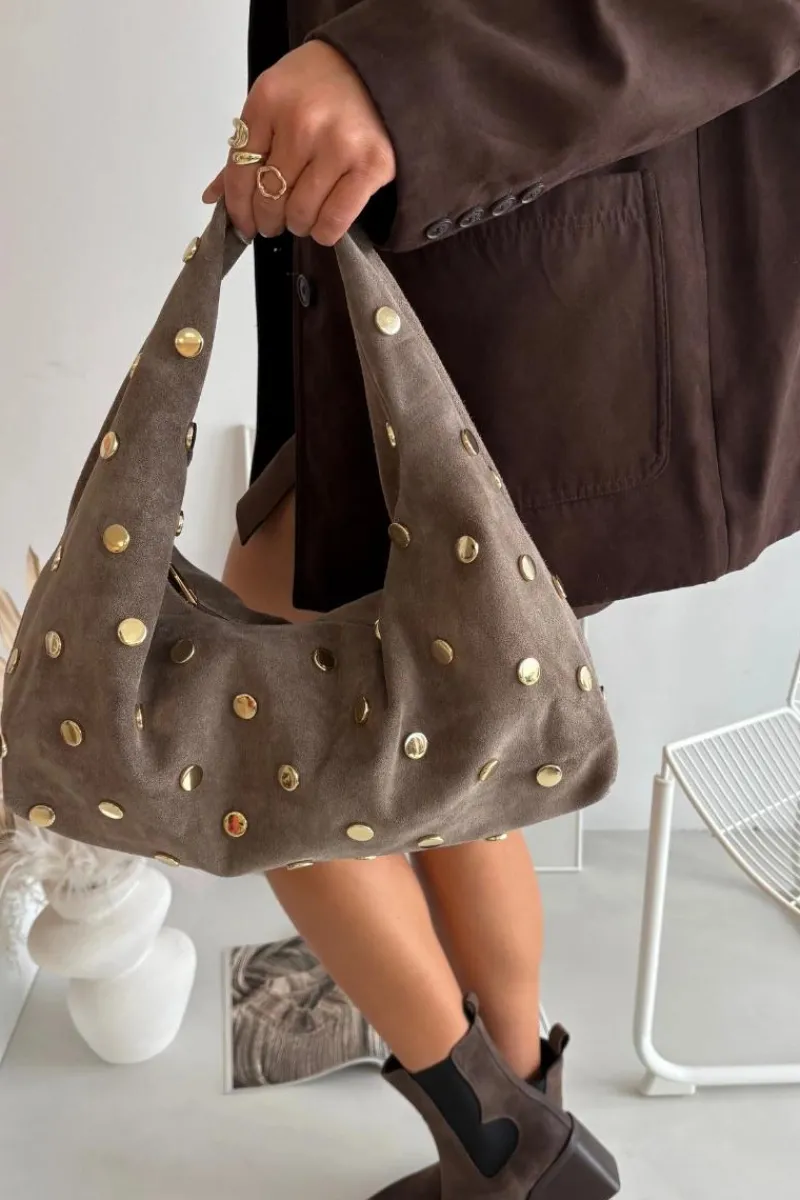 Torebki Klasyczne>Boto Skórzana Zamszowa Torebka Ze Zdobieniem Ciemnobeżowa Narisse Beżowy