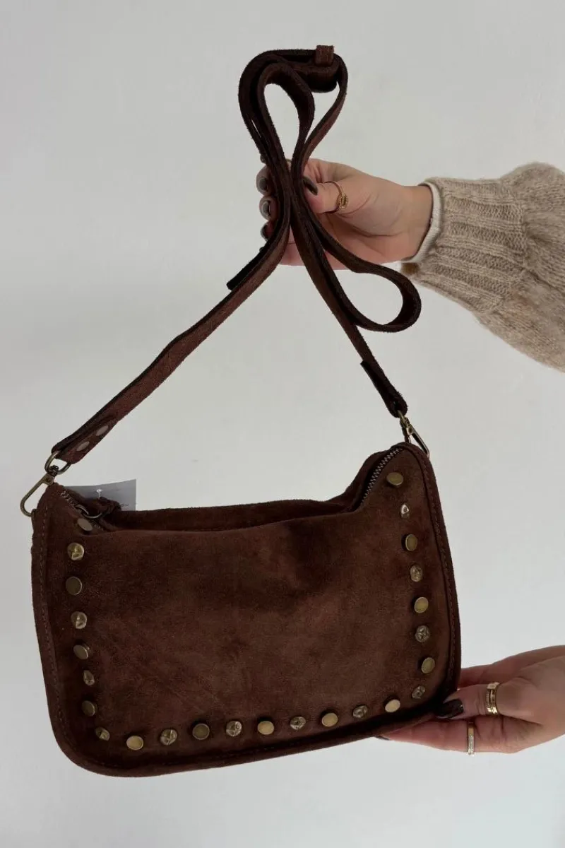 Torebki Klasyczne>Boto Skórzana Zamszowa Torebka Zdobiona Dżetami Brązowa Savra Brązowy