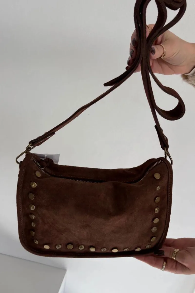 Torebki Klasyczne>Boto Skórzana Zamszowa Torebka Zdobiona Dżetami Brązowa Savra Brązowy