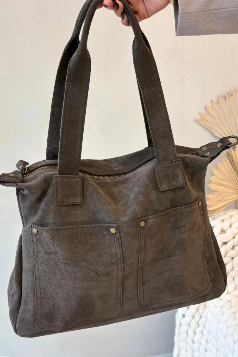 Torebki Klasyczne>Boto Skórzana Zamszowa Torebka Z Kieszeniami Brązowa Zephina Brązowy