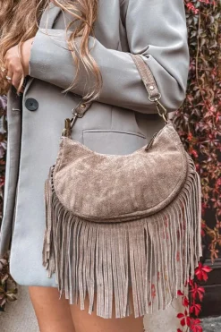 Torebki Klasyczne>Boto Skórzana Zamszowa Torebka Z Frędzlami Ciemnobeżowa Aurelisse