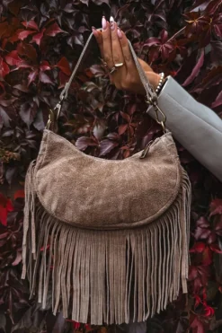 Torebki Klasyczne>Boto Skórzana Zamszowa Torebka Z Frędzlami Ciemnobeżowa Aurelisse