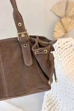 Outlet Skórzana Zamszowa Torebka Ciemnobeżowa Ovelia Torebki Klasyczne