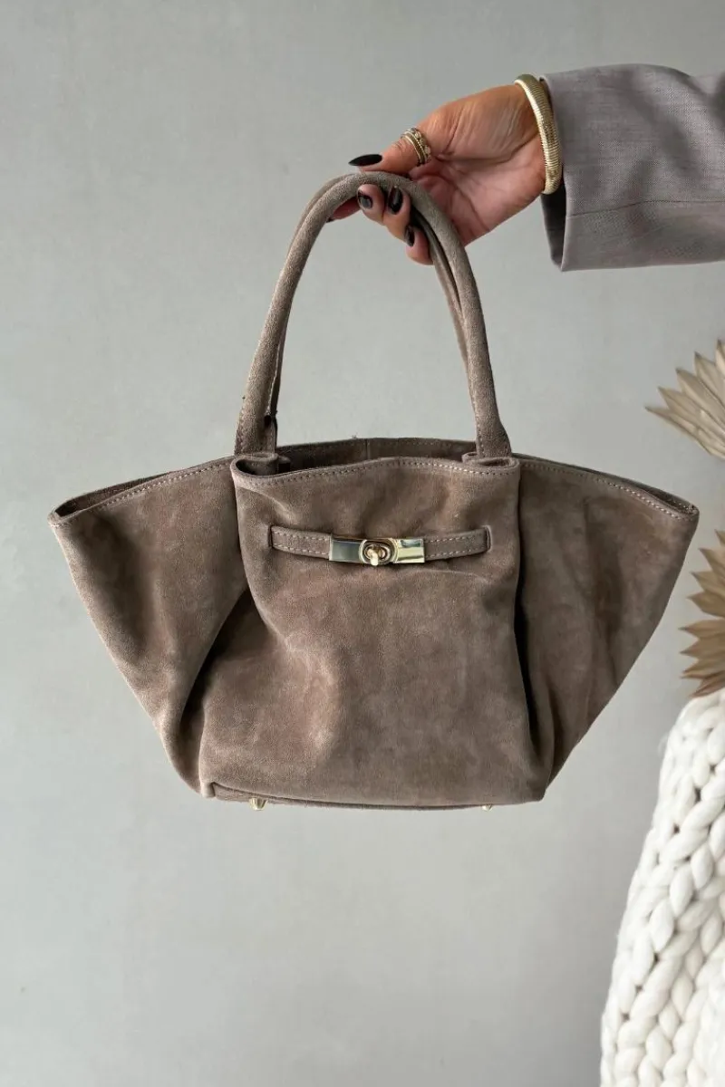 Torebki Klasyczne>Boto Skórzana Zamszowa Torebka Beżowa Orselle Beżowy