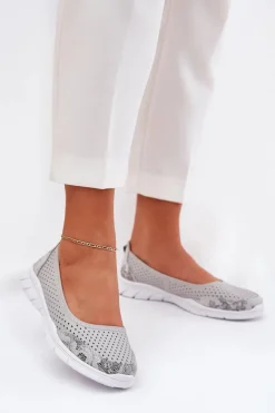 New Skórzane Ażurowe Baleriny Vinceza 95323 Szare Damskie Baleriny Skórzane|Baleriny Klasyczne