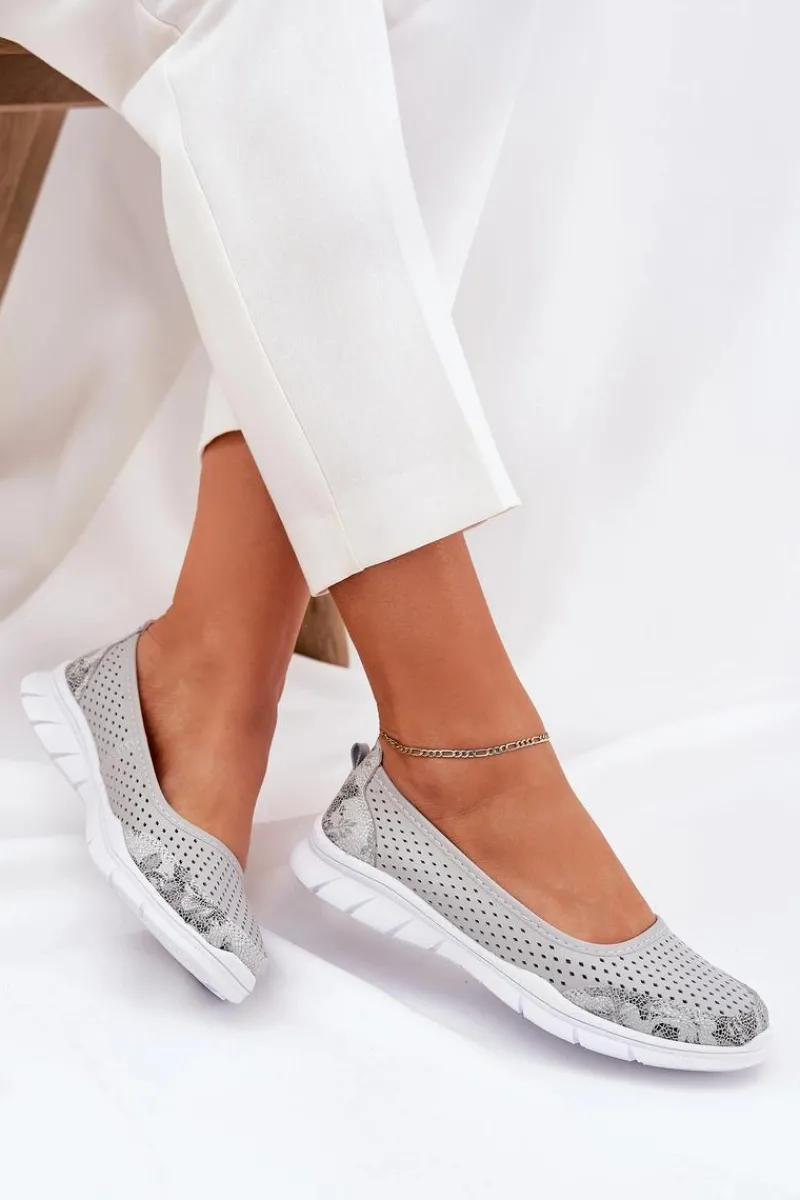 New Skórzane Ażurowe Baleriny Vinceza 95323 Szare Damskie Baleriny Skórzane|Baleriny Klasyczne