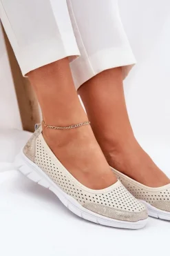 Discount Buty damskie Vinceza Skórzane Ażurowe Baleriny Vinceza 95323 Beżowe