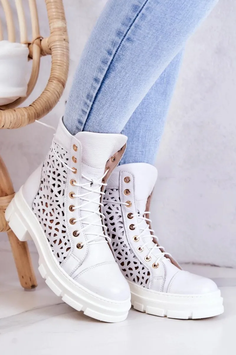 Botki Sznurowane|Botki Wiosenne>Boto Skórzane Ażurowe Botki Białe Aileen