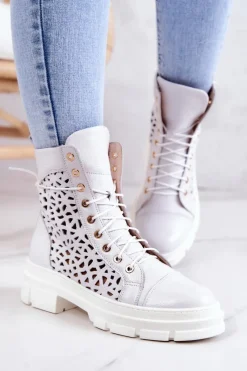 Botki Sznurowane|Botki Wiosenne>Boto Skórzane Ażurowe Botki Białe Aileen