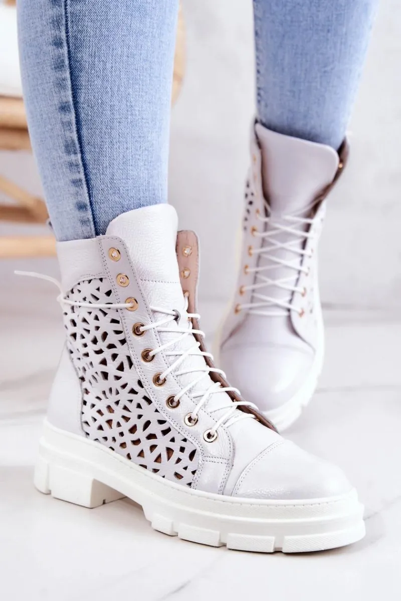 Botki Sznurowane|Botki Wiosenne>Boto Skórzane Ażurowe Botki Białe Aileen