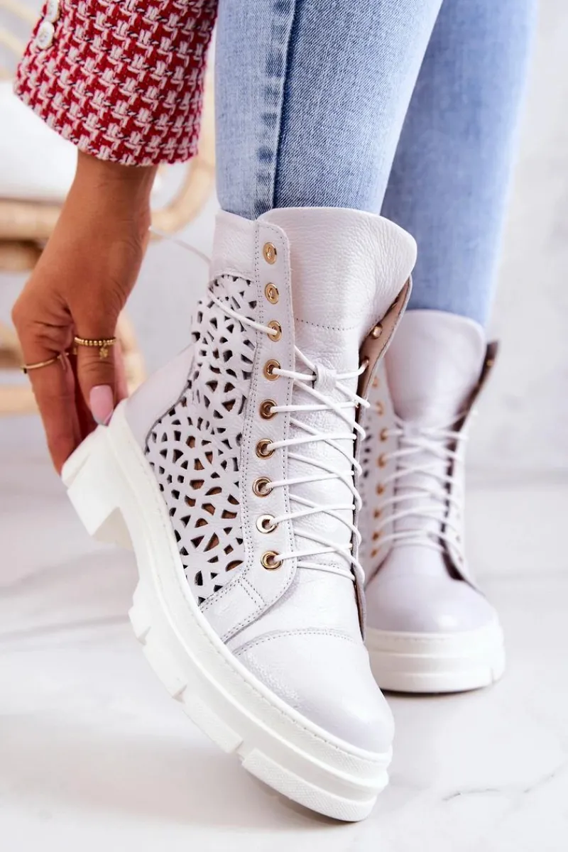 Botki Sznurowane|Botki Wiosenne>Boto Skórzane Ażurowe Botki Białe Aileen