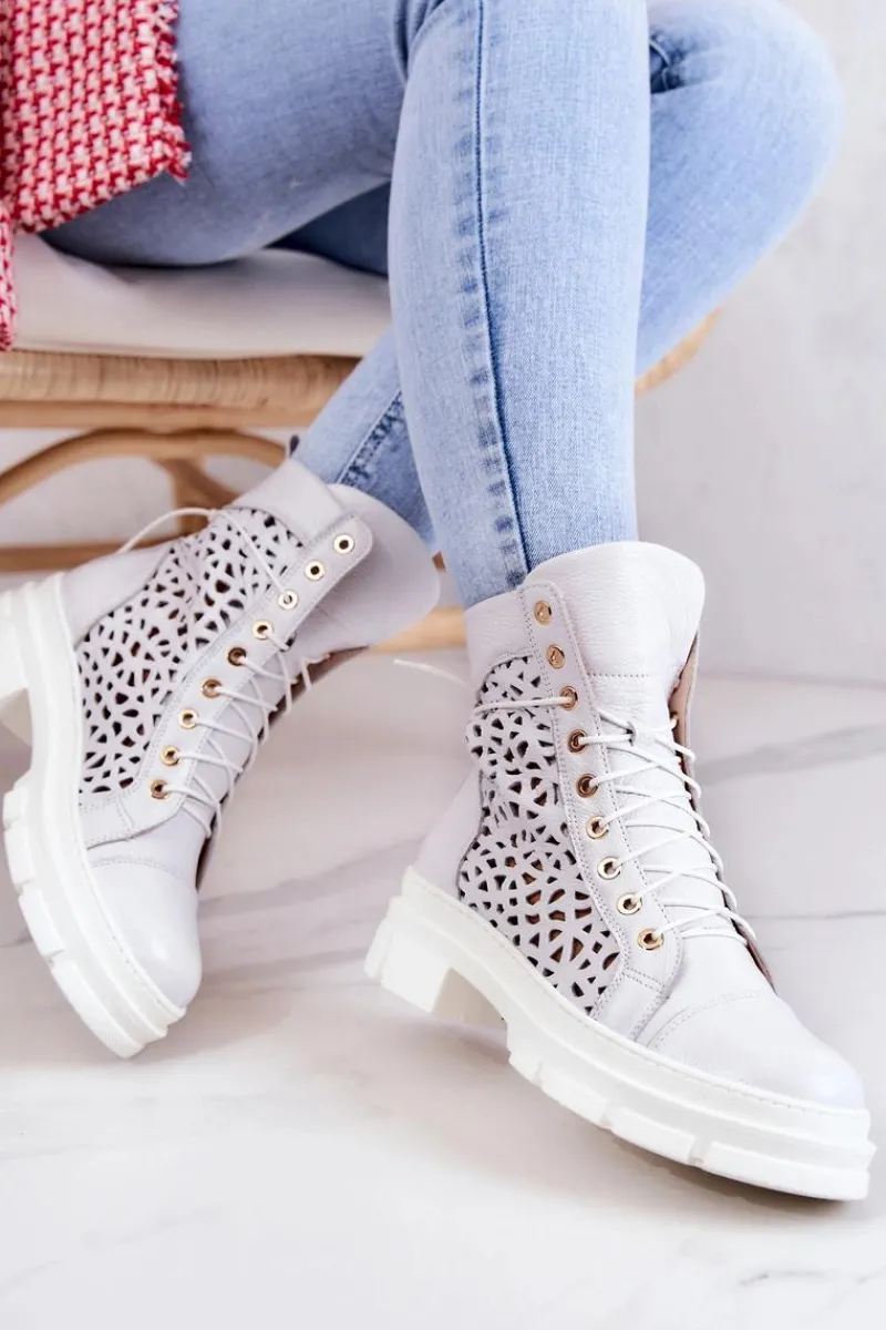 Botki Sznurowane|Botki Wiosenne>Boto Skórzane Ażurowe Botki Białe Aileen