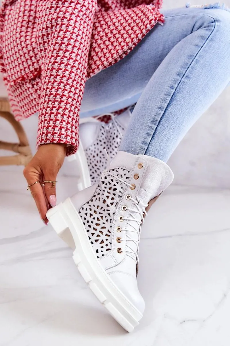 Botki Sznurowane|Botki Wiosenne>Boto Skórzane Ażurowe Botki Białe Aileen