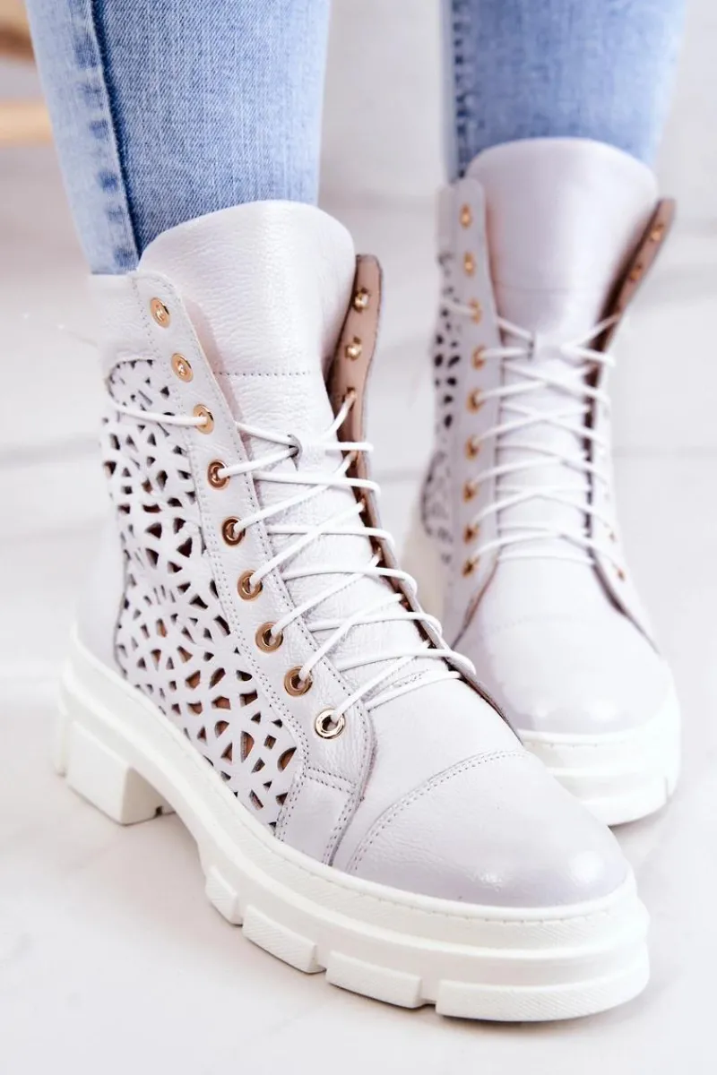 Botki Sznurowane|Botki Wiosenne>Boto Skórzane Ażurowe Botki Białe Aileen