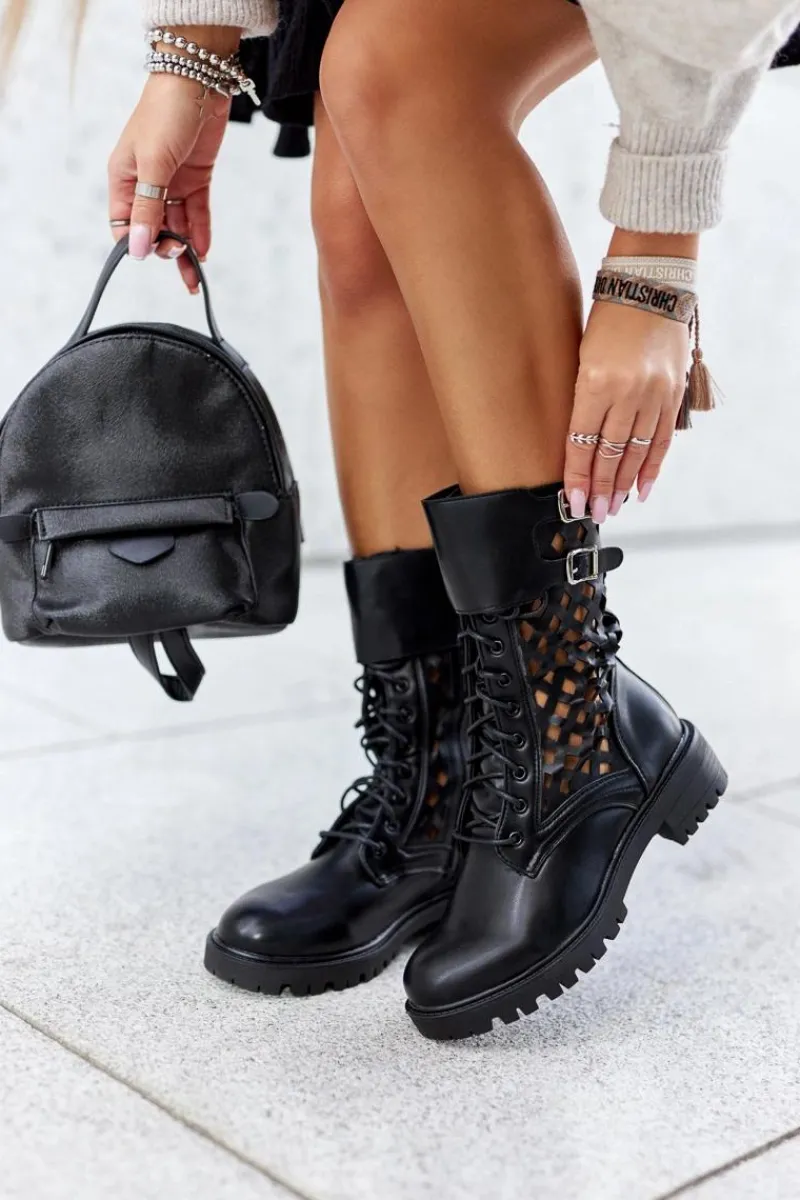 Skórzane Ażurowe Botki Czarne Menie Damskie Damskie Trapery|Botki Sznurowane