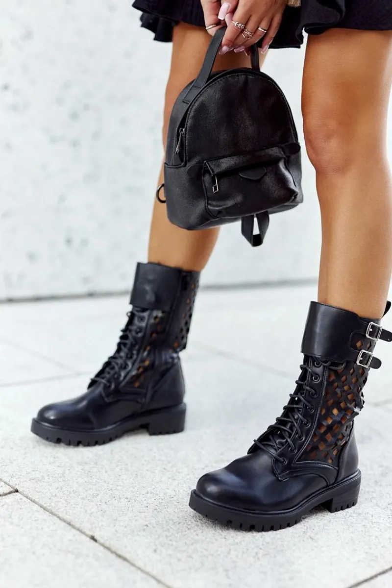 Skórzane Ażurowe Botki Czarne Menie Damskie Damskie Trapery|Botki Sznurowane