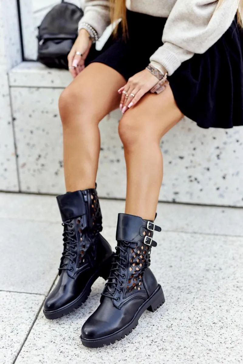 Skórzane Ażurowe Botki Czarne Menie Damskie Damskie Trapery|Botki Sznurowane