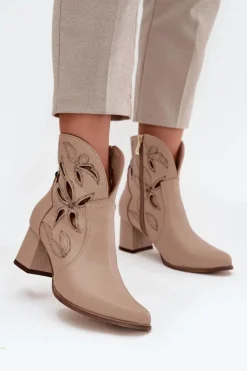 Discount Zazoo Skórzane Ażurowe Botki Damskie Na Słupku 3647 Jasnobeżowe Beżowy