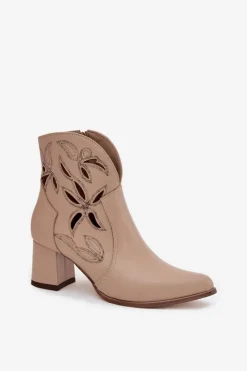 Discount Zazoo Skórzane Ażurowe Botki Damskie Na Słupku 3647 Jasnobeżowe Beżowy