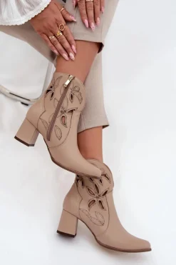 Discount Zazoo Skórzane Ażurowe Botki Damskie Na Słupku 3647 Jasnobeżowe Beżowy