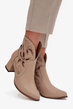 Discount Zazoo Skórzane Ażurowe Botki Damskie Na Słupku 3647 Jasnobeżowe Beżowy