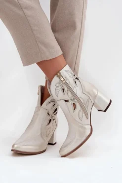 Discount Skórzane Ażurowe Botki Damskie Na Słupku 3647 Przecierany Damskie Botki Skórzane|Botki Na Słupku