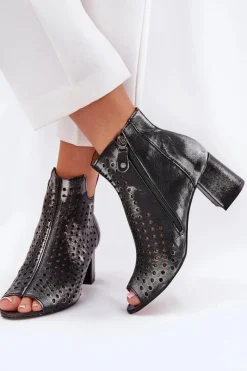 Outlet Skórzane Ażurowe Botki 05420-01 Czarne Damskie Botki Wiosenne|Botki Maciejka