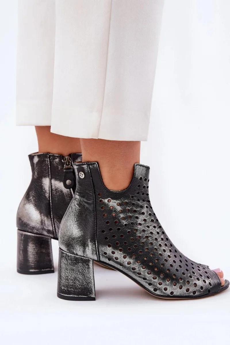 Outlet Skórzane Ażurowe Botki 05420-01 Czarne Damskie Botki Wiosenne|Botki Maciejka