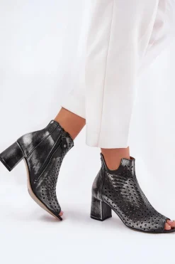 Outlet Skórzane Ażurowe Botki 05420-01 Czarne Damskie Botki Wiosenne|Botki Maciejka