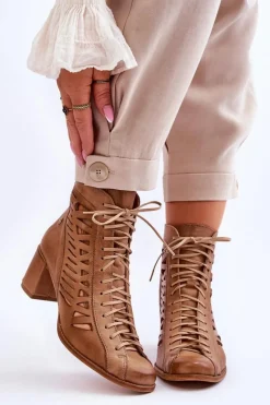 Outlet Skórzane Ażurowe Botki 05508-10 Ciemnobeżowe Damskie Botki Wiosenne|Botki Maciejka