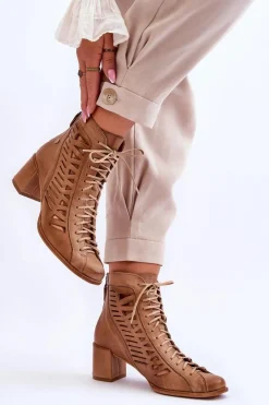 Outlet Skórzane Ażurowe Botki 05508-10 Ciemnobeżowe Damskie Botki Wiosenne|Botki Maciejka