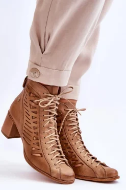 Outlet Skórzane Ażurowe Botki 05508-10 Ciemnobeżowe Damskie Botki Wiosenne|Botki Maciejka